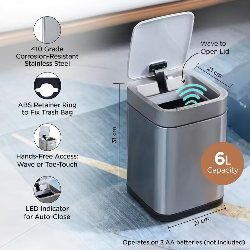 Kuber Industries Kuber Industries 6L Stainless Steel Automatic Touchless Motion Sensor Dustbin Quick Open Soft Close Lid Garbage Bin for Kitchen Bathroom Indoor Outdoor Trash Can  - Image 4