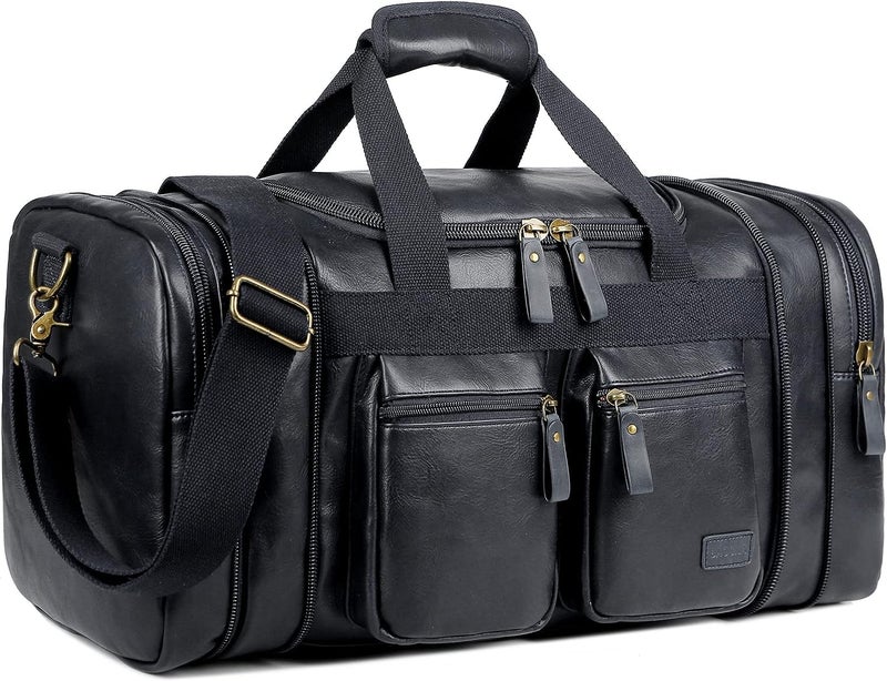 BAOSHA Faux Leather Travel Duffel Weekender Bag Hand Luggage Carry Bag Overnight Bag Sports Bag for Men and Women HB-21 (Black) - Image 1