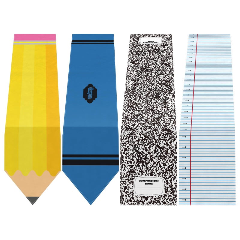 Breling 4 Pcs Back to School Decorations Table Runner First Day of School Pencil Crayon Ruler Notebook Style Table Cloth Preschool Kindergarten Classroom Decor for Dining Room Party