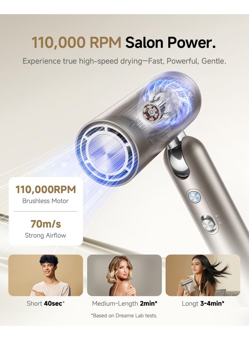 دريم مجفف شعر جيب، مجفف شعر خفيف الوزن للغاية، سريع الجفاف ومنخفض الضوضاء، أداة تصفيف شعر محمولة موفرة للمساحة للسفر المنزلي، (قطعة واحدة، فضي) - Image 2