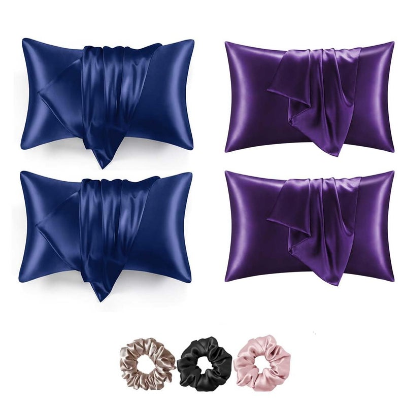 Filloxy Satin Silk Pillowcase Wrinkle Free Luxurious Sleep AntiFrizz for Hair and Skin 2 Piece with 3 Soft Scrunchies Pillow Covers Envelope Closure end Blue Purple Pack of 4 - Image 1