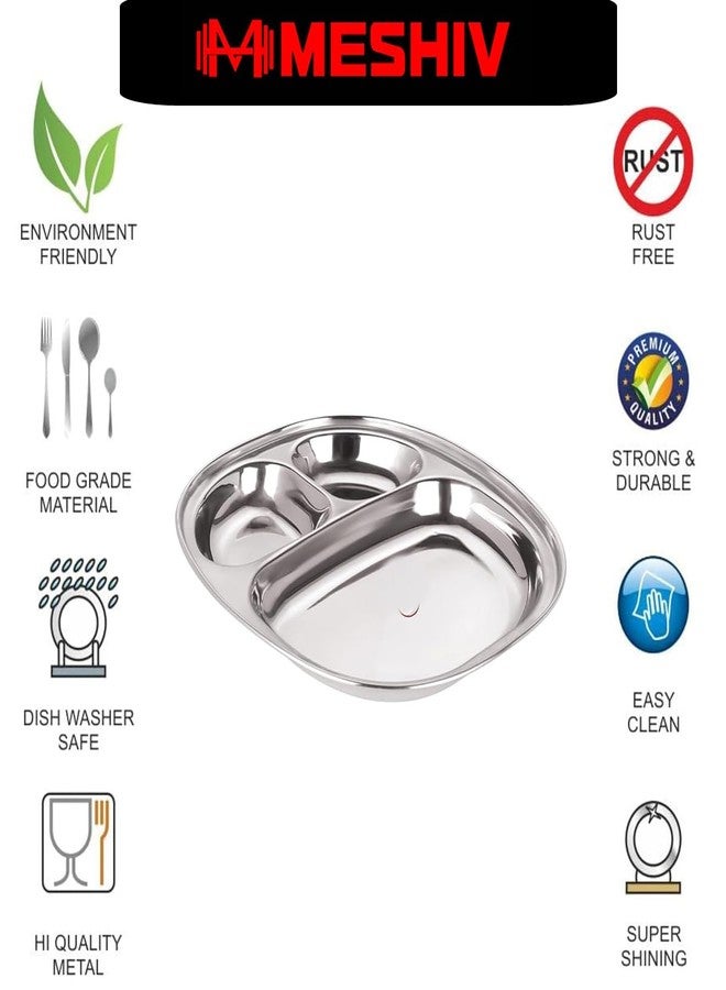 MESHIV Stainless Steel Plates with Compartments/Tiffin/Pav Bhaji/Partition/Breakfast/Steel Plates for Lunch/Dinner/Kids Plate Set of 4 (Medium) - Image 4