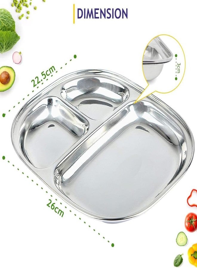MESHIV Stainless Steel Plates with Compartments/Tiffin/Pav Bhaji/Partition/Breakfast/Steel Plates for Lunch/Dinner/Kids Plate Set of 4 (Medium) - Image 3