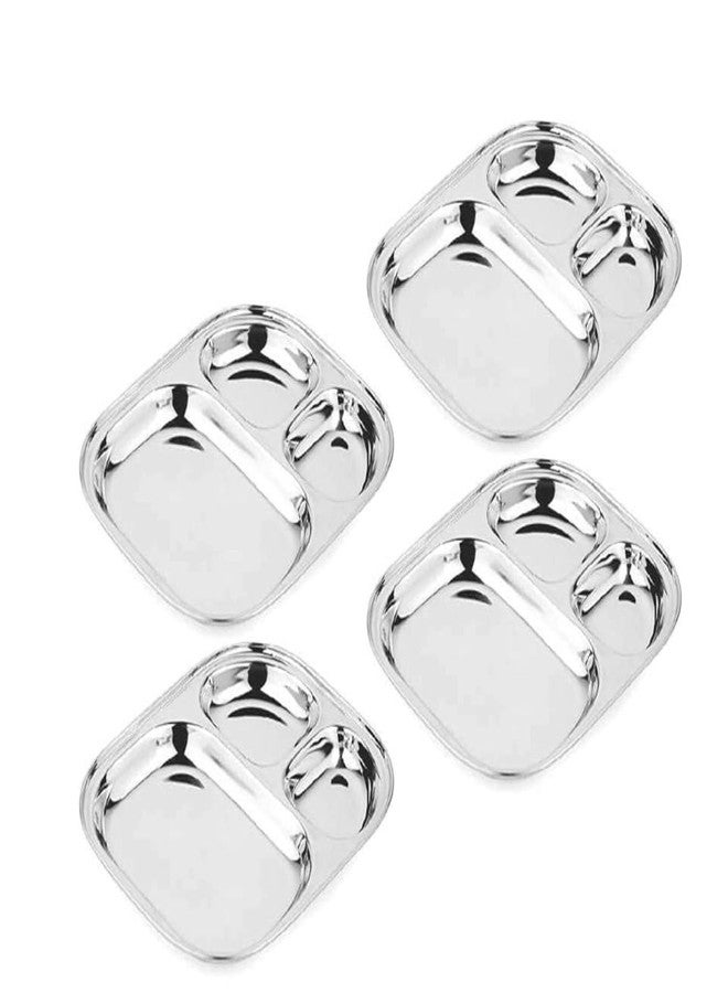 MESHIV Stainless Steel Plates with Compartments/Tiffin/Pav Bhaji/Partition/Breakfast/Steel Plates for Lunch/Dinner/Kids Plate Set of 4 (Medium) - Image 1