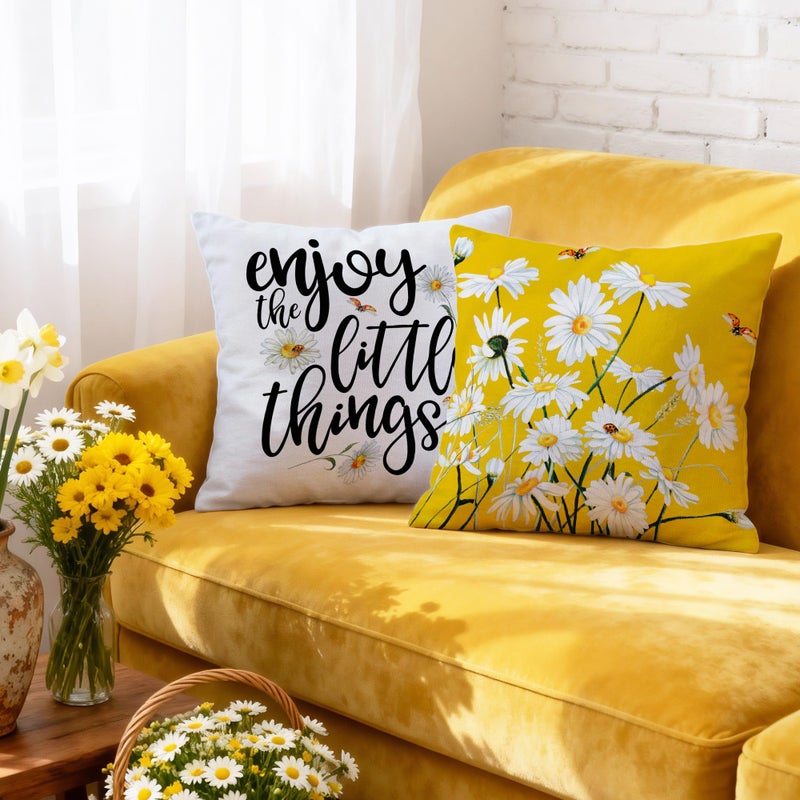 Hexagram Spring Summer Pillow Covers 18x18 Set of 4, Floral Daisy Outdoor Decorative Throw Pillow Covers, Yellow Farmhouse Cushion Case for Couch Sofa Living Room Bedroom Home Indoor Decor(No Insert) - Image 2