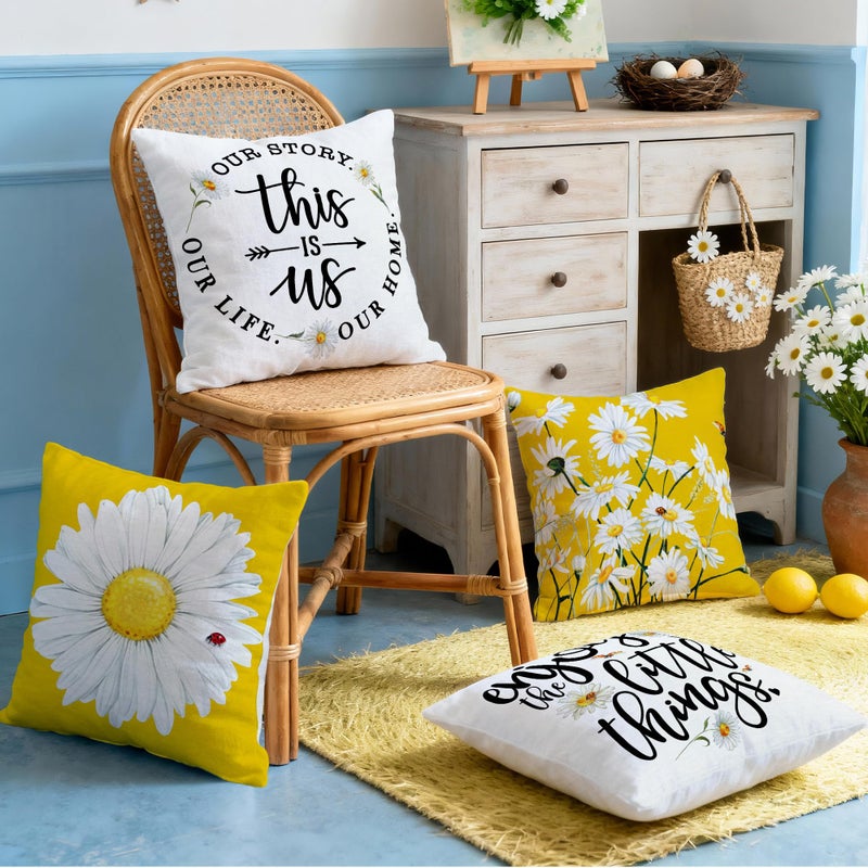 Hexagram Spring Summer Pillow Covers 18x18 Set of 4, Floral Daisy Outdoor Decorative Throw Pillow Covers, Yellow Farmhouse Cushion Case for Couch Sofa Living Room Bedroom Home Indoor Decor(No Insert) - Image 3