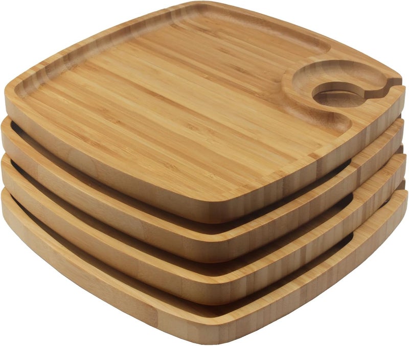 BambooMN 10 x 10 Bamboo Reusable Dinnerware Wine Glass Holder Square Dug Out Plates for Catered Events Holidays or Home Use Supplies 4 Pcs - Image 4