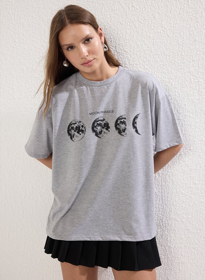 trendyol Grey Melange 100% Cotton Printed Oversize/Wide Cut Crew Neck Knitted T-Shirt  - Image 1