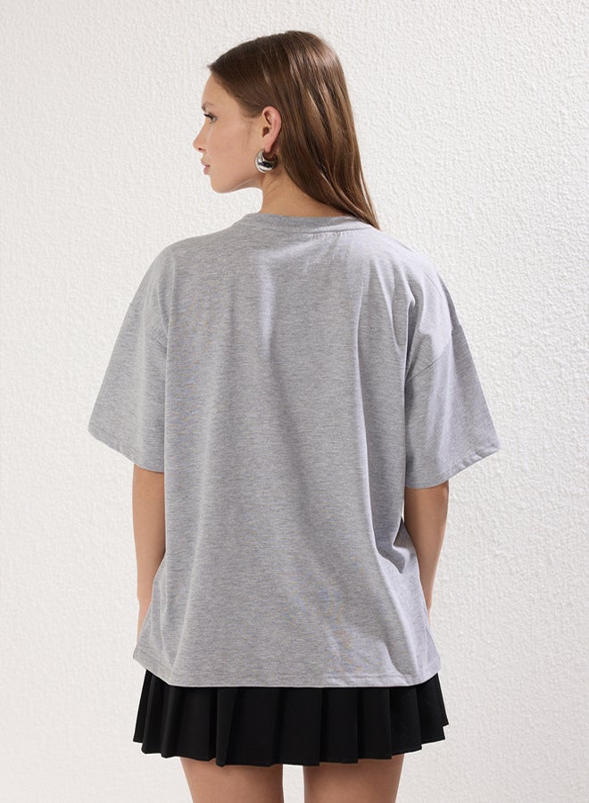 trendyol Grey Melange 100% Cotton Printed Oversize/Wide Cut Crew Neck Knitted T-Shirt  - Image 4