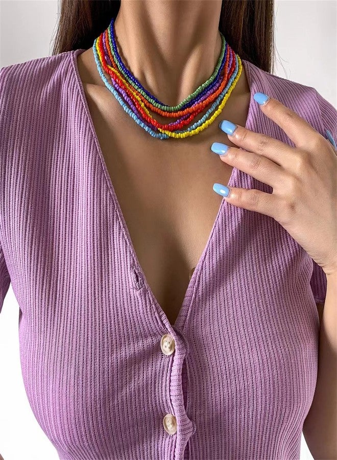 RLHRNDE Colorful Beaded Necklace for Women 7Pcs Handmade Rainbow Layered Rice Beaded Necklaces Vintage Seed Bead Choker Necklace Bohemian Hawaiian Beach Adjustable Jewelry Gifts (Colorful) - Image 2