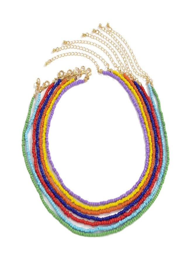 RLHRNDE Colorful Beaded Necklace for Women 7Pcs Handmade Rainbow Layered Rice Beaded Necklaces Vintage Seed Bead Choker Necklace Bohemian Hawaiian Beach Adjustable Jewelry Gifts (Colorful) - Image 1