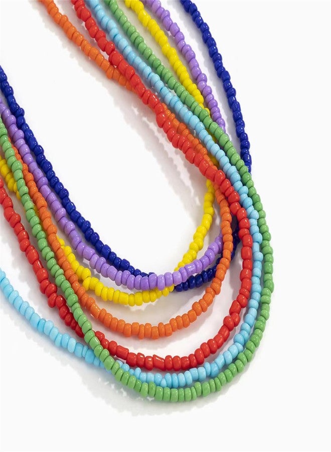 RLHRNDE Colorful Beaded Necklace for Women 7Pcs Handmade Rainbow Layered Rice Beaded Necklaces Vintage Seed Bead Choker Necklace Bohemian Hawaiian Beach Adjustable Jewelry Gifts (Colorful) - Image 5