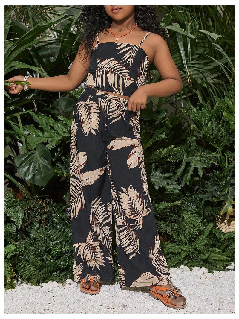 Floerns Girl's 2 Piece Outfit Hawaiian Tropical Crop Cami Tops and Boho Pants Set Black Khaki Multi 9Y - Image 2