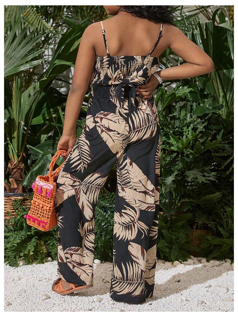 Floerns Girl's 2 Piece Outfit Hawaiian Tropical Crop Cami Tops and Boho Pants Set Black Khaki Multi 9Y - Image 3