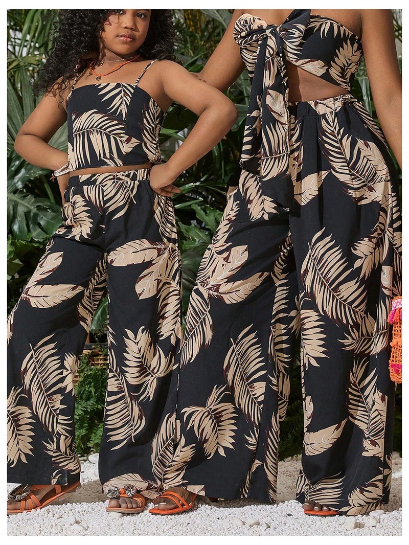 Floerns Girl's 2 Piece Outfit Hawaiian Tropical Crop Cami Tops and Boho Pants Set Black Khaki Multi 9Y - Image 5