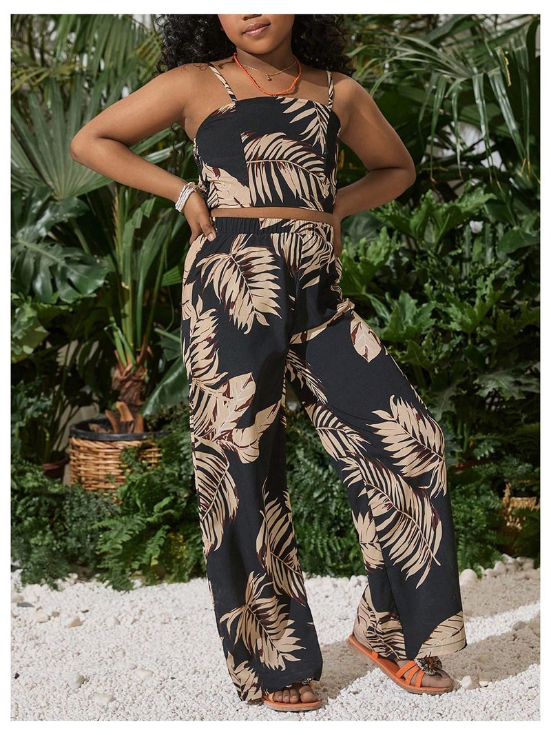Floerns Girl's 2 Piece Outfit Hawaiian Tropical Crop Cami Tops and Boho Pants Set Black Khaki Multi 9Y - Image 4
