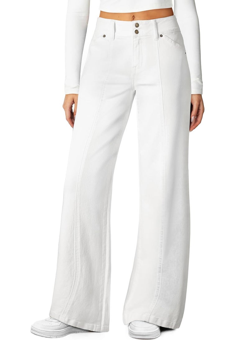 Sidefeel Women's Wide Leg Jeans Stretchy Straight Leg Jeans High Waisted Trendy Seamed Front Loose Denim Pants Cream White Size 6 - Image 1