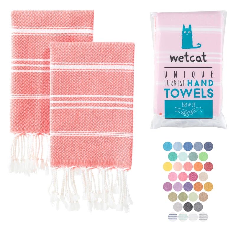 WETCAT Turkish Hand Towels with Hanging Loop Set of 2 20 x 30 100 Turkish Cotton PreWashed Quick Drying for Kitchen or Bathroom  Dark Coral