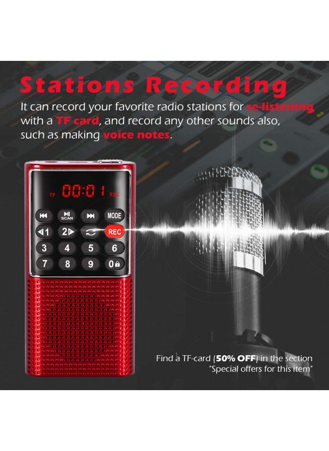 PRUNUS - PRUNUS J-328 Mini Portable Pocket FM Radio MP3 Walkman Radio with Recorder, Lock Key, SD Card Player, Rechargeable Battery Operated(NO AM) Red - Image 1