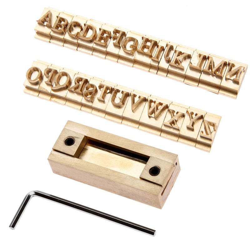 26PCS Brass Capital Letters Times New Roman Stamp Mold Set with 5cm TSlot Fixture Holder Includes 8mm Diameter Screw Holes and Rods for Secure Mounting