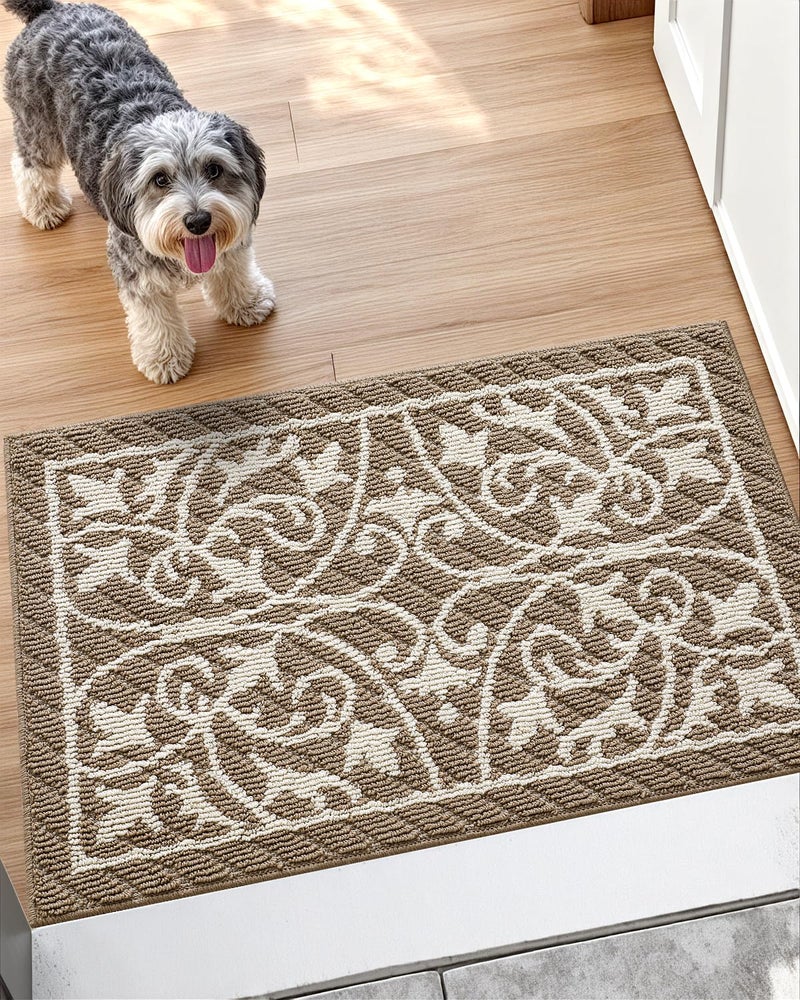 DEXI Front Door Mat Entryway Inside Welcome Entrance Doormat Low Profile Thin Non Slip Washable Entry Mats for House Floor Dirt Trapper 24x36 Brown