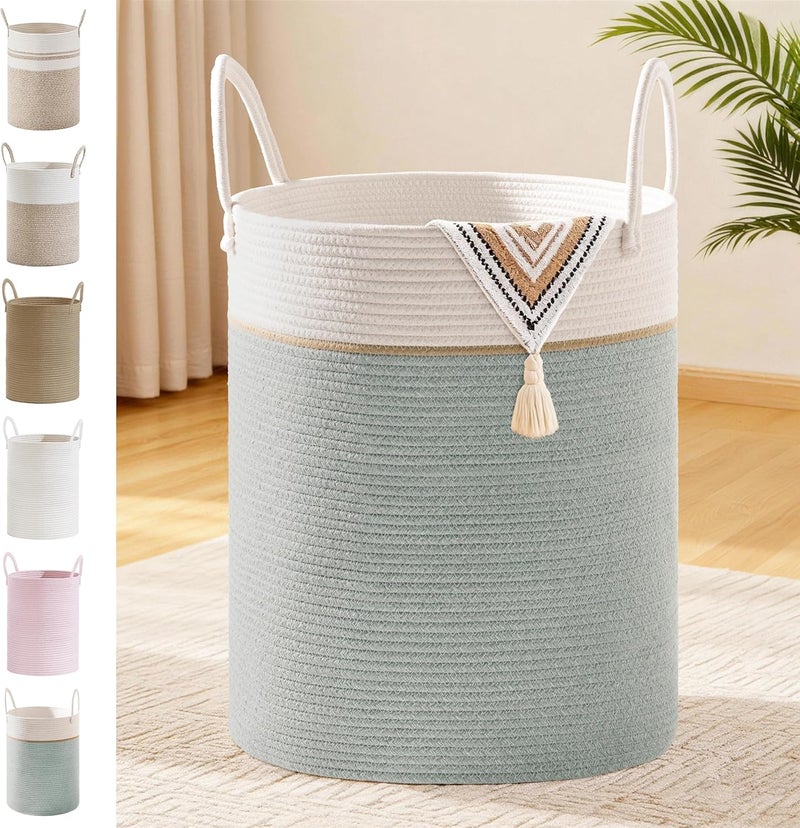 SunNewt Tall Laundry Basket with Handles, 88L Portable Dirty Clothes Hamper, Boho Cotton Rope Storage Bin for Blankets Kids Toys Gifts, Large Organizer for Baby Nursery Bedroom Bathroom, Sage Green - Image 1