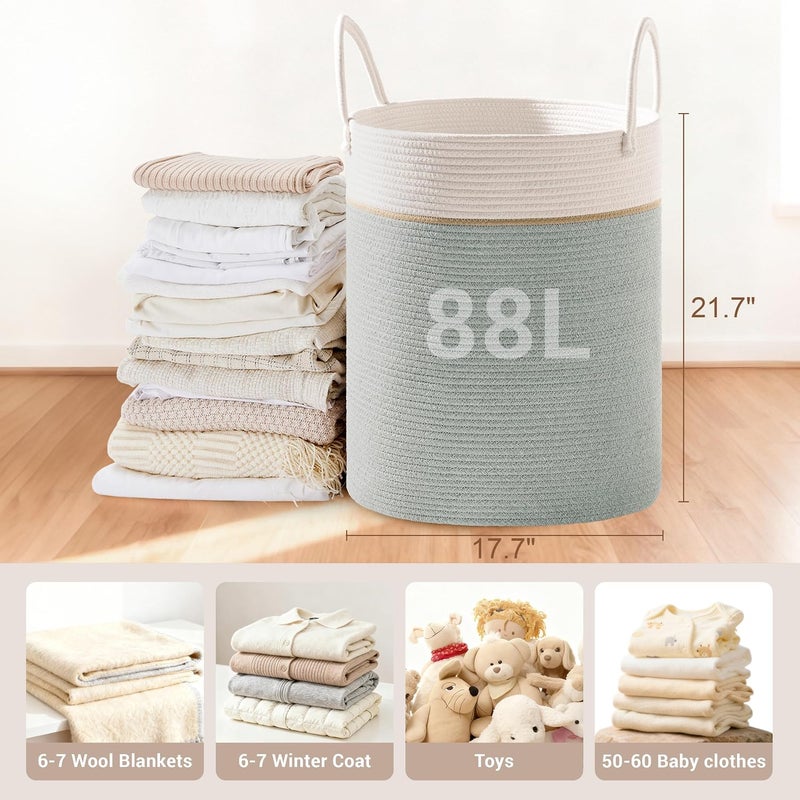 SunNewt Tall Laundry Basket with Handles, 88L Portable Dirty Clothes Hamper, Boho Cotton Rope Storage Bin for Blankets Kids Toys Gifts, Large Organizer for Baby Nursery Bedroom Bathroom, Sage Green - Image 2
