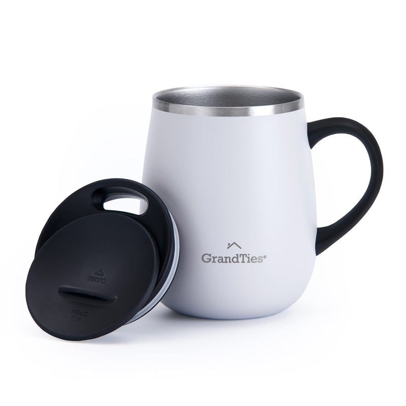 GRANDTIES Insulated Coffee Mug with Handle  Sliding Lid for SplashProof 16 oz Wine Glass Shape Thermos Tumbler with Double Walled Vacuum Stainless Steel to Keeps Beverages Hot or Cold  Pearl