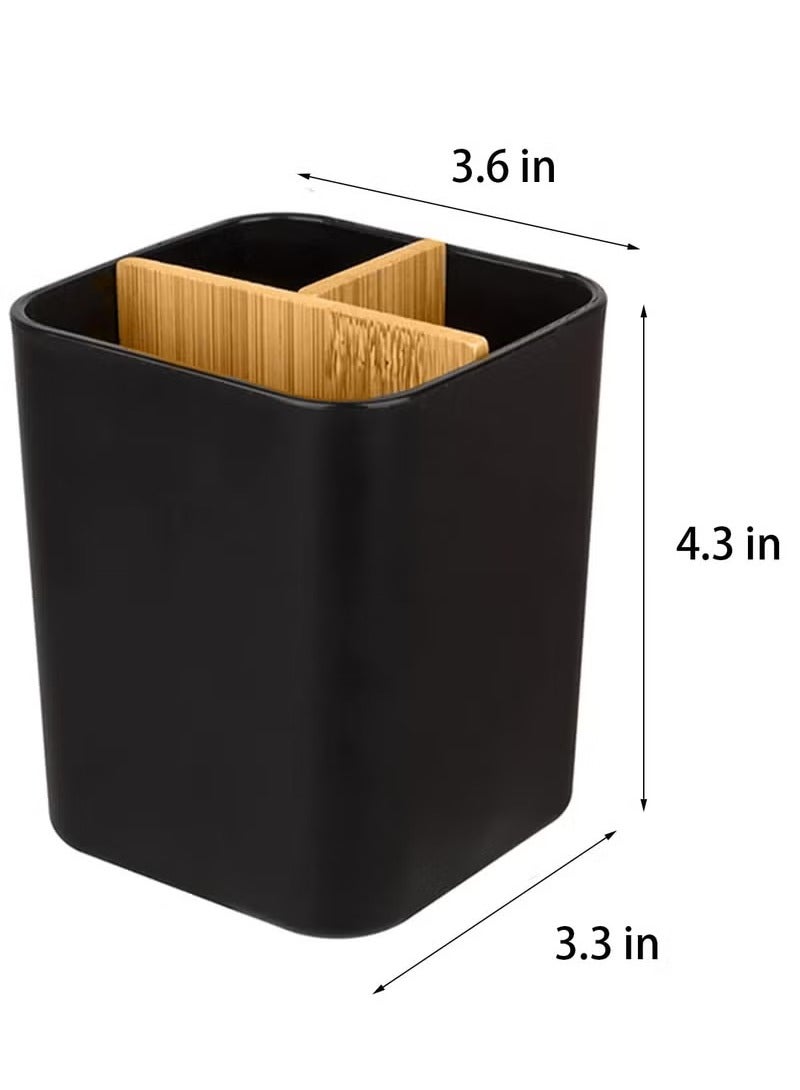 Hoasis Bamboo Toothbrush Holder for Bathrooms, 3 Slots Toothbrush and Toothpaste Holder Bathroom Counter Organizer for Electric Toothbrushes, Floss, Razors (Black) - Image 2