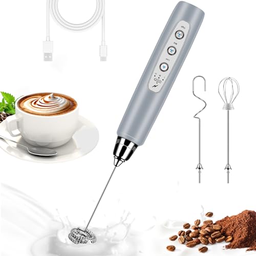 BSRGMS Milk Frother Handheld for Coffee, Electric Whisk 3 Speed Adjustable, Drink Mixer with Stainless 3 Whisks, Rechargeable Hand Frother Wand, for Latte Cappuccino Hot Chocolate Egg Cement Gray - Image 1