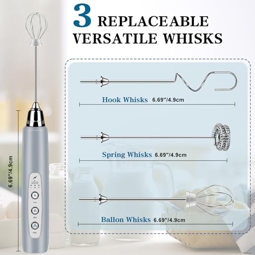BSRGMS Milk Frother Handheld for Coffee, Electric Whisk 3 Speed Adjustable, Drink Mixer with Stainless 3 Whisks, Rechargeable Hand Frother Wand, for Latte Cappuccino Hot Chocolate Egg Cement Gray - Image 2