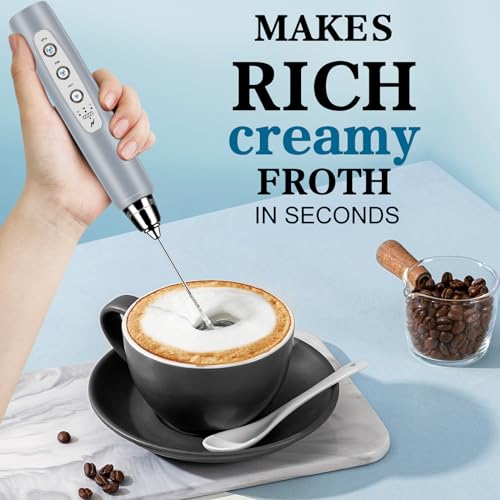 BSRGMS Milk Frother Handheld for Coffee, Electric Whisk 3 Speed Adjustable, Drink Mixer with Stainless 3 Whisks, Rechargeable Hand Frother Wand, for Latte Cappuccino Hot Chocolate Egg Cement Gray - Image 5