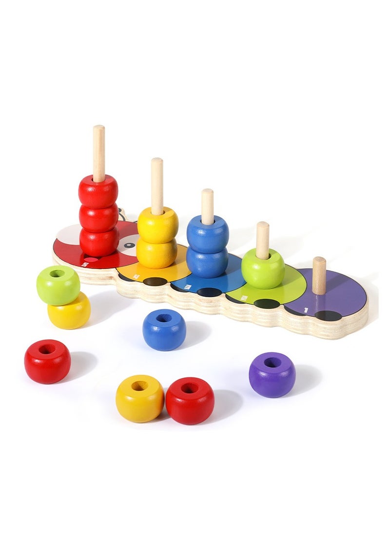 MIXDE Wooden Stacking Rings Baby Lovely Caterpillar Counting Game Colour Sorting Puzzle 5 Pegs Ring Stacker Counting Rings Early Learning Wooden Toys For 1 Year Old Gift First Birthday Boy Girl  - Image 1