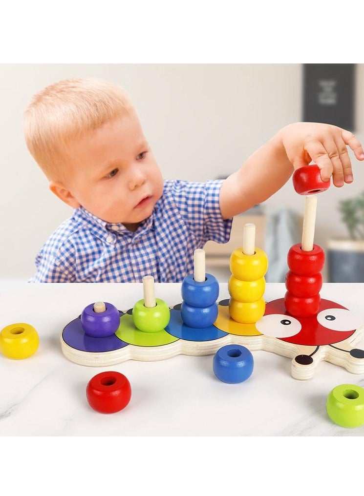 MIXDE Wooden Stacking Rings Baby Lovely Caterpillar Counting Game Colour Sorting Puzzle 5 Pegs Ring Stacker Counting Rings Early Learning Wooden Toys For 1 Year Old Gift First Birthday Boy Girl  - Image 4