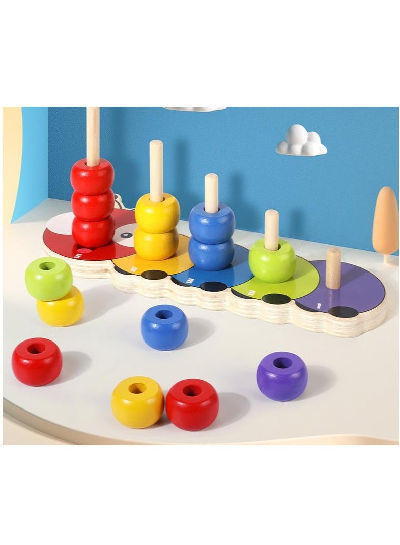 MIXDE Wooden Stacking Rings Baby Lovely Caterpillar Counting Game Colour Sorting Puzzle 5 Pegs Ring Stacker Counting Rings Early Learning Wooden Toys For 1 Year Old Gift First Birthday Boy Girl  - Image 2