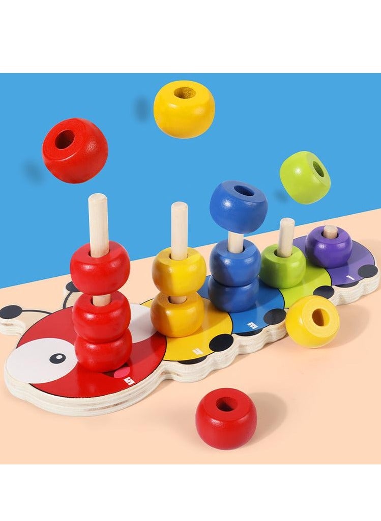 MIXDE Wooden Stacking Rings Baby Lovely Caterpillar Counting Game Colour Sorting Puzzle 5 Pegs Ring Stacker Counting Rings Early Learning Wooden Toys For 1 Year Old Gift First Birthday Boy Girl  - Image 5