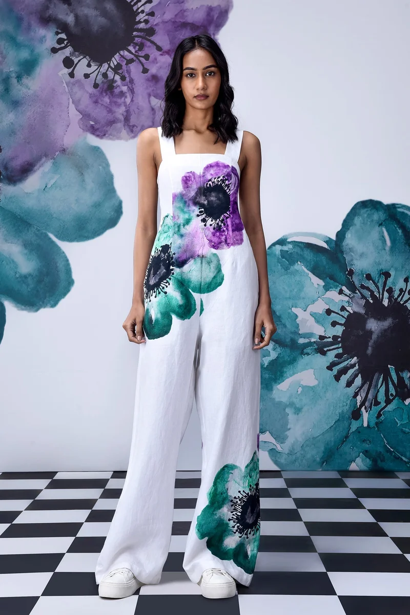 Genes Lecoanet Hemant Anemone Flower Semi Fitted Dungaree- White Coral