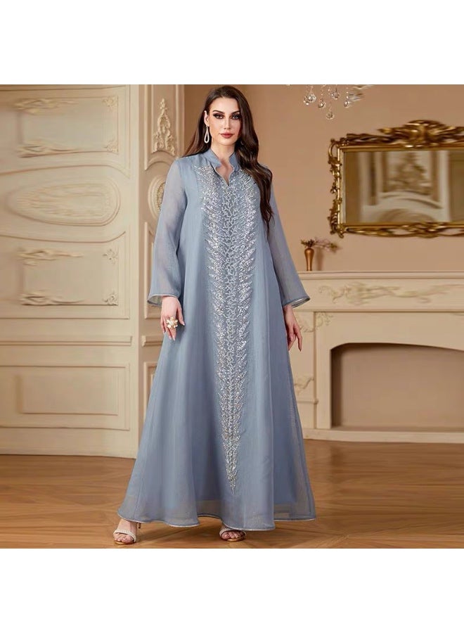 Luxury Women’s Embroidered Jalabiya with Sequins & Pearls – Elegant Dusty Blue - Image 4