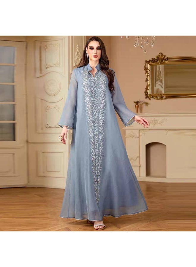 Luxury Women’s Embroidered Jalabiya with Sequins & Pearls – Elegant Dusty Blue - Image 1