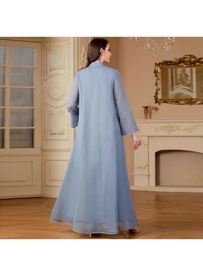 Luxury Women’s Embroidered Jalabiya with Sequins & Pearls – Elegant Dusty Blue - Image 2