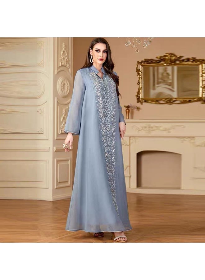 Luxury Women’s Embroidered Jalabiya with Sequins & Pearls – Elegant Dusty Blue - Image 5