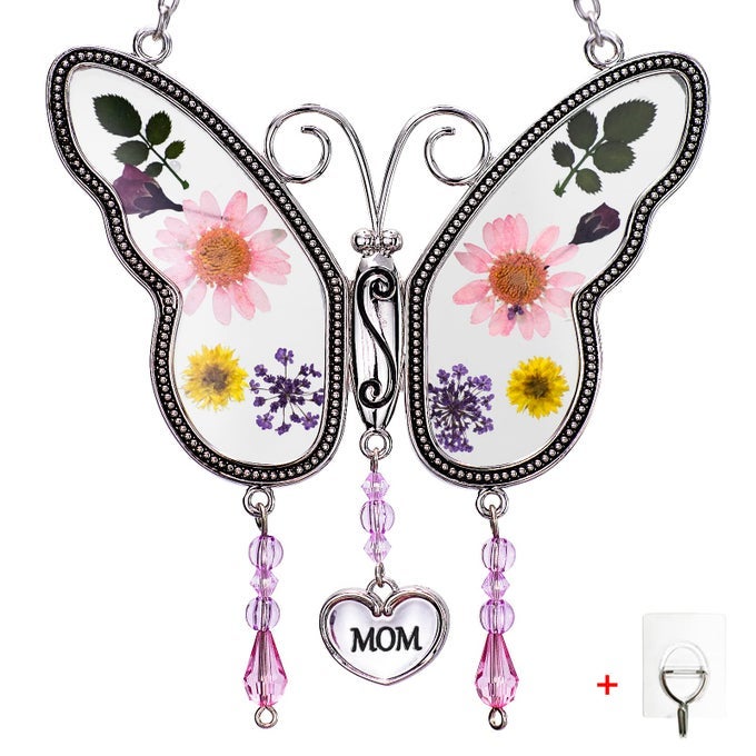 Butterfly Suncatcher with Pressed Flower Wings Mothers Day Butterfly Glass Wind Chime Ornament Charm with Metal Heart Happy BirthdayGifts for Mom with Free Hook Mom