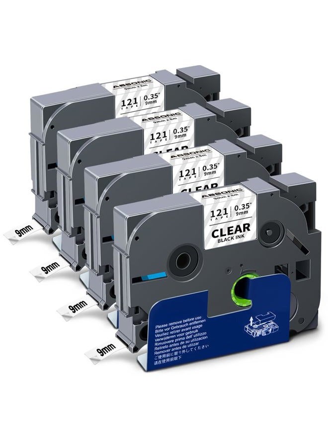 Absonic 4-Pack 9mm 0.35" Black on Clear Label Tape Compatible for Brother Tze-121 Tze121 TZ-121 P Touch Tze Tz Tape 9mm Clear for PTD220 PTD210 PTD200 PTD400 PTD600 PT1890 PT-1280 PT-1880 PT-2430PC - Image 1