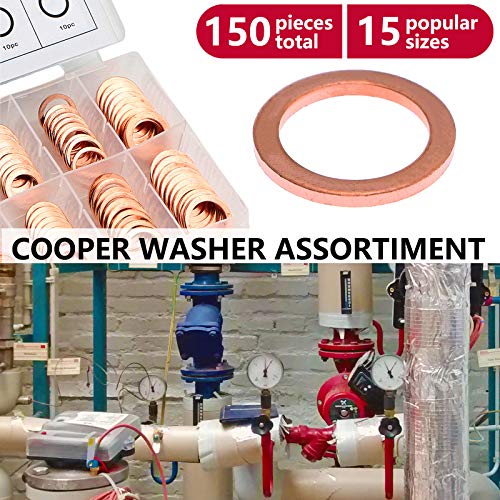 Toolwiz 150PCS 15 Sizes Copper Washers Metric Sealing Assortment Set M17.5-M5 Flat Ring Sump Plug Crush Washer Oil Drain Plug Gasket Seal Assortment Set M5/6/7/8/10/10.5/11/12/12.5/14/15/16/16.5/17.5 - Image 5