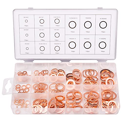 Toolwiz 150PCS 15 Sizes Copper Washers Metric Sealing Assortment Set M17.5-M5 Flat Ring Sump Plug Crush Washer Oil Drain Plug Gasket Seal Assortment Set M5/6/7/8/10/10.5/11/12/12.5/14/15/16/16.5/17.5 - Image 1