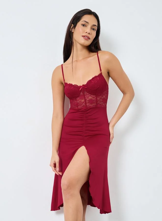 Take Two Take Two Lace Cup Bow Detail Slit Cut Slip Dress