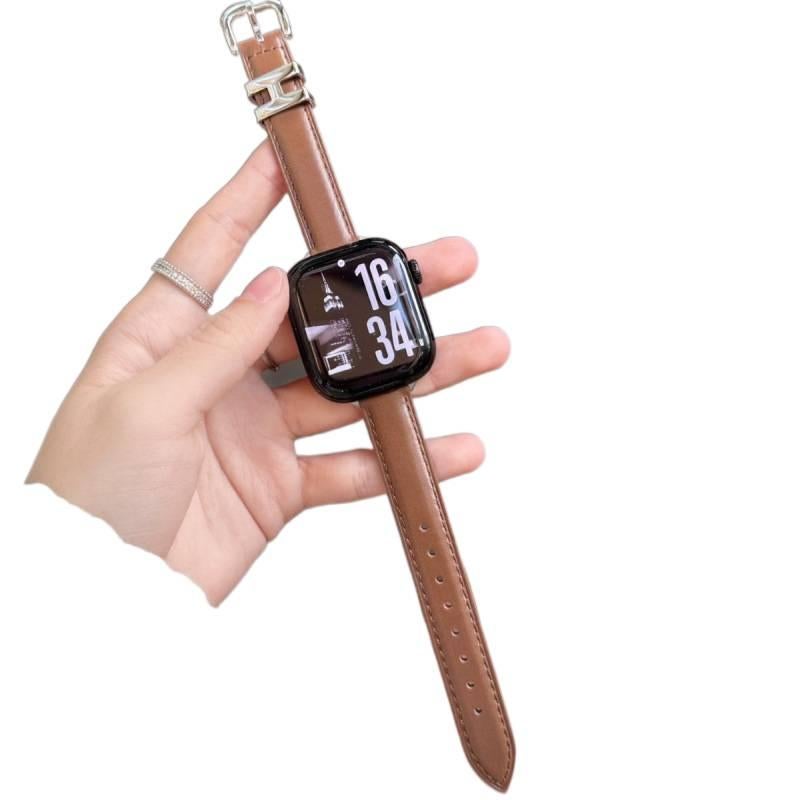 AD Red Classic Leather Strap Smartwatch Band Compatible with Apple Watch / SE with Adjustable Fit Replacement Strap for Daily Wear - Image 3