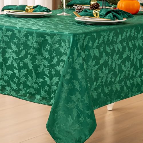 Mebakuk Christmas Jacquard Tablecloth Waterproof Elegant Damask Floral Pattern Table Cloth Heavy Weight Wipeable Wrinkle Free Table Covers for Dinner or Daily Uses Green 60 x 84 68 Seats