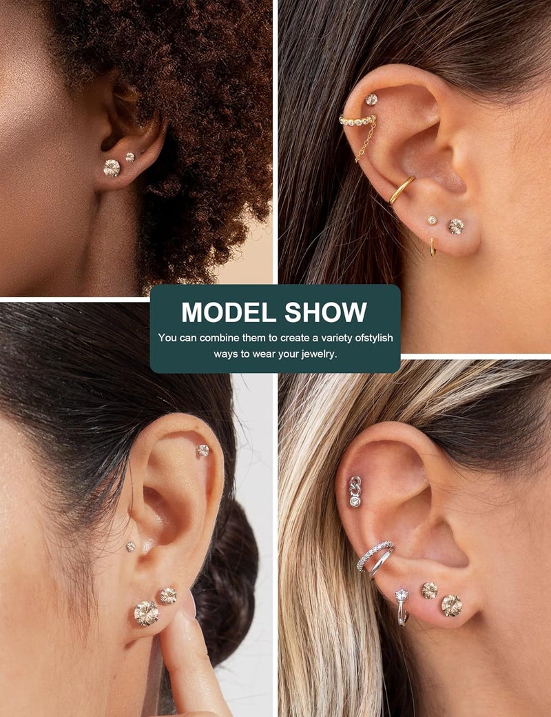 WSSXC 6 Pairs Stud Earrings Set, Hypoallergenic Cubic Zirconia 316L Earrings Stainless Steel CZ Earrings 3-8mm (Steel color) - Image 2