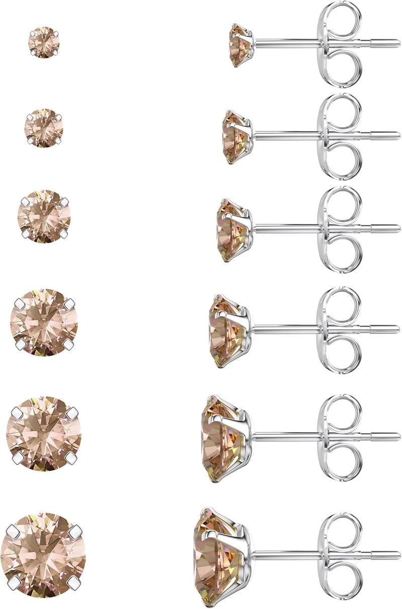WSSXC 6 Pairs Stud Earrings Set, Hypoallergenic Cubic Zirconia 316L Earrings Stainless Steel CZ Earrings 3-8mm (Steel color) - Image 1
